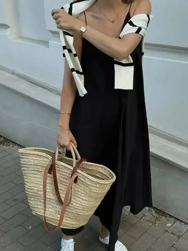 فستان نسائي صيفي فضفاض فساتين نسائية فضفاضة بدون أكمام وأشرطة رفيعة فساتين سوداء طويلة بدون ظهر فساتين عطلة الشاطئ E96H