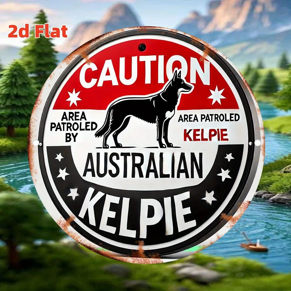 2D Flat, Vintage Australian Kelpie Metallblechschild – 20,3 x 20,3 cm, rustikale Eisen-Wanddekoration mit Vorsicht, Hundesign, Foliengravur für