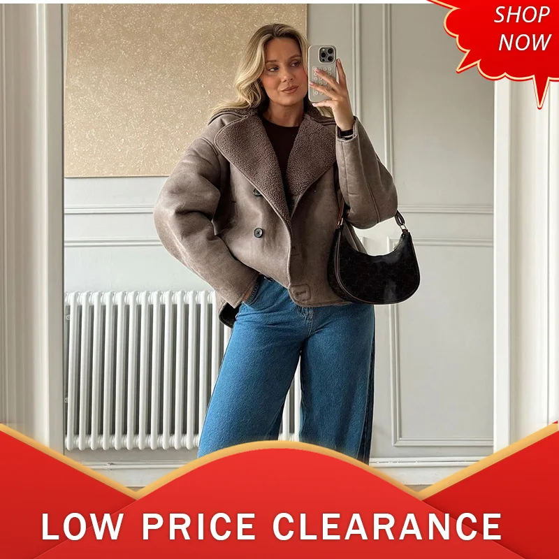 Women Casual Lapel Thick Faux Leather Jackets Vintage Single-breasted Warm Wool Blends Coats Female Winter High Street Outwears