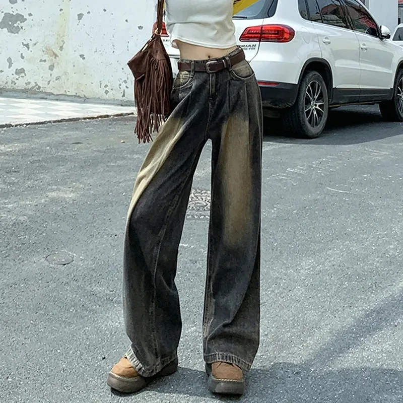 New Niche Retro Wash To Do Old High-waisted Straight Leg Skinny Jeans Women Fashion Casual Wide-leg Mop Trousers Long Pants