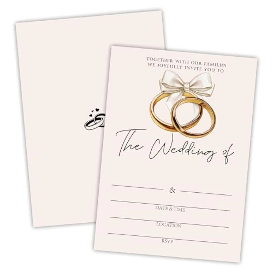 

Beige Bow Ring Wedding Invitations - 25 Pcs Gloden Rings Wedding Invites With Envelopes For Mr and Mrs - Wedding Celebration, M