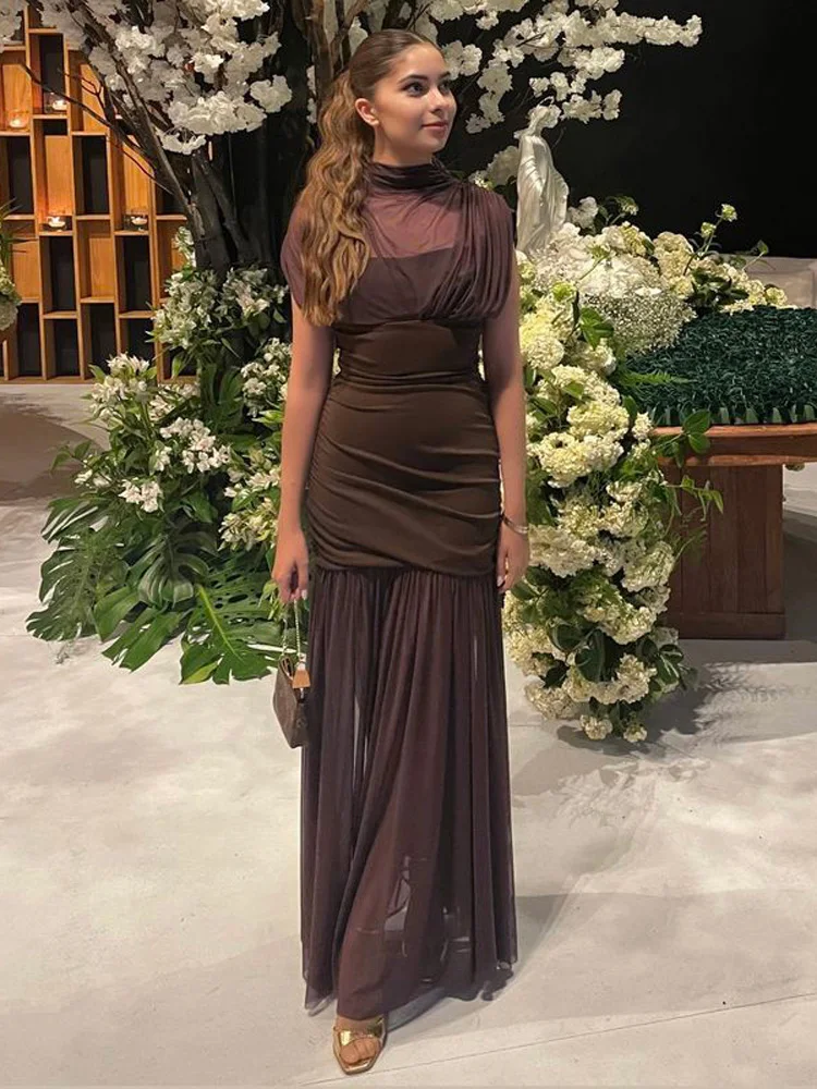 

Tossy Black Mesh Fashion Maxi Dress For Women Sleeveless See-Through Patchwork Pleated Party Dress Female Autumn Long Dress 2025