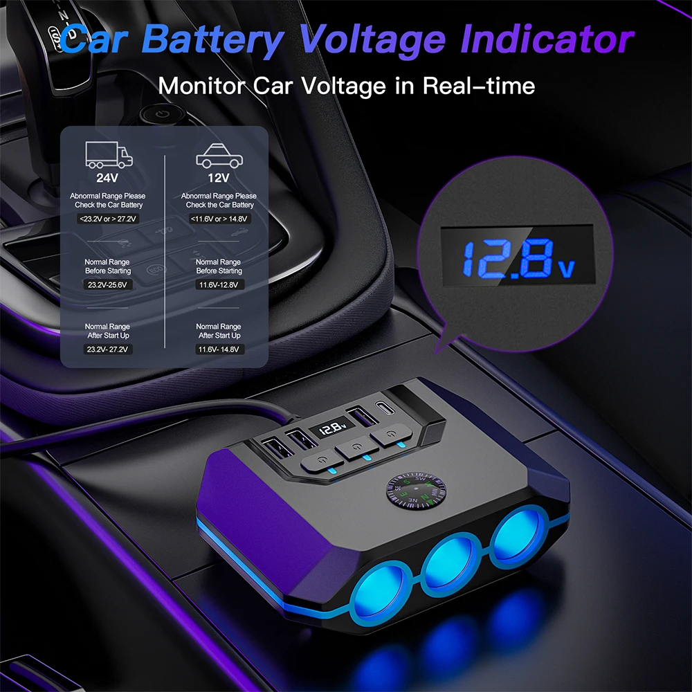 BUVAYE 120W Car Cigarette Lighter Adapter USB Fast Charger Splitter Multination Socket Ports LED Voltmeter Auto Accessories