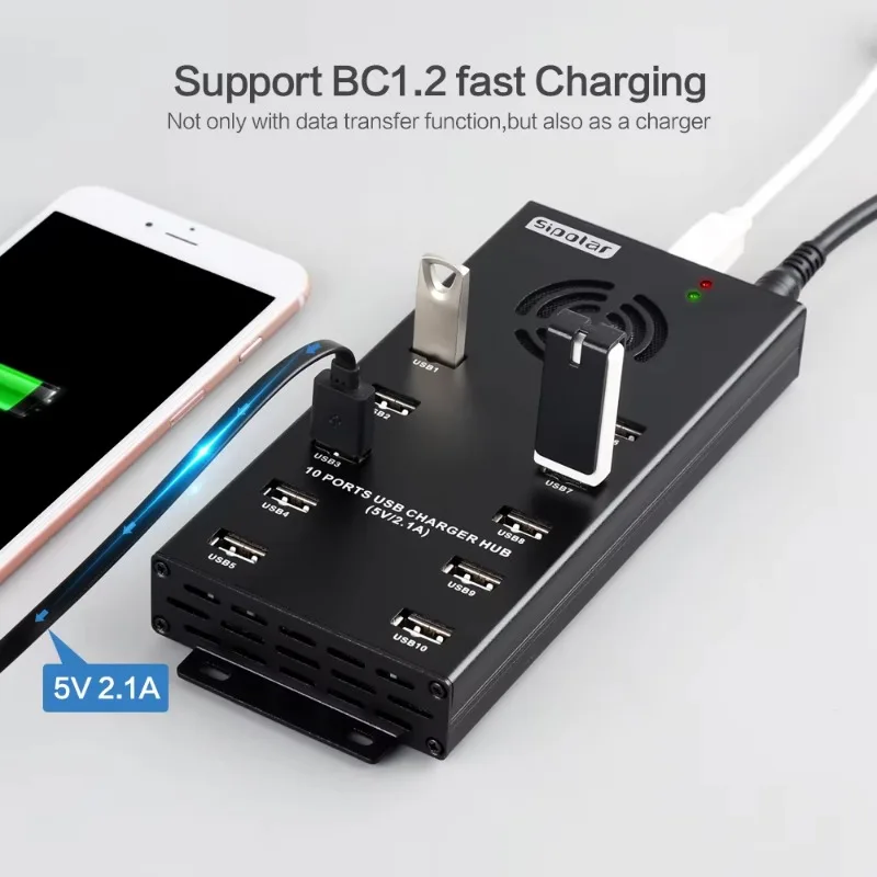 Aluminum Shell Multi Usb Port  High Speed Usb Charging 12v Powered 10 Usb Hub Charger and Syncs