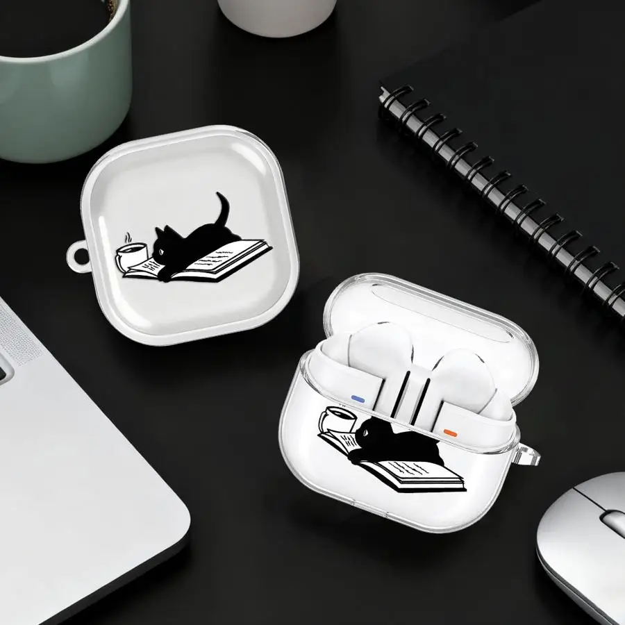 

Clear Earphone Cases Cover With Hook Case For Samsung Galaxy Buds 4 Pro Live 2Pro 3Pro 2 3 FE 4Pro Cute Cartoon Cat Book