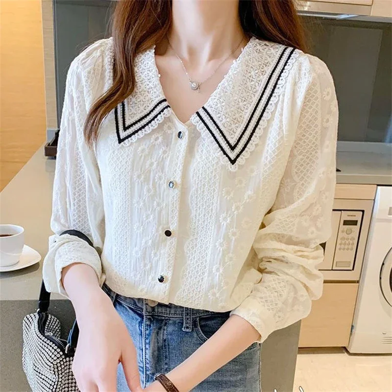 

Women Clothing Spring Korean Fashion Lace Elegant Button Up Shirt Solid Long Sleeve Sweet Blouse Cotton Chic Tops Blusas L179