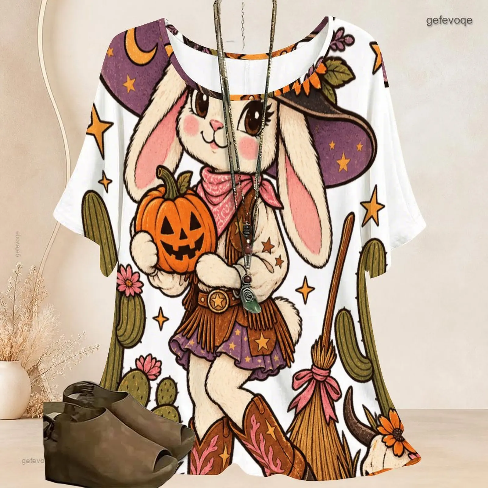 Women Printed Round Neck Loose Top, Cute Western Witch Bunny Pumpkin Cactus Pattern Short Batwing Sleeves
