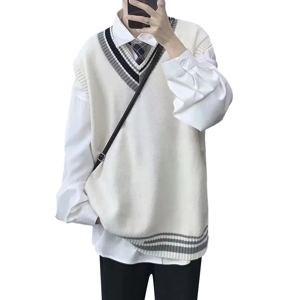 Men\'s Korean Style Vneck Knitted Vest Sweater Loose Fit Pullover Featuring Artistic Design for Streetwear and Casual Use