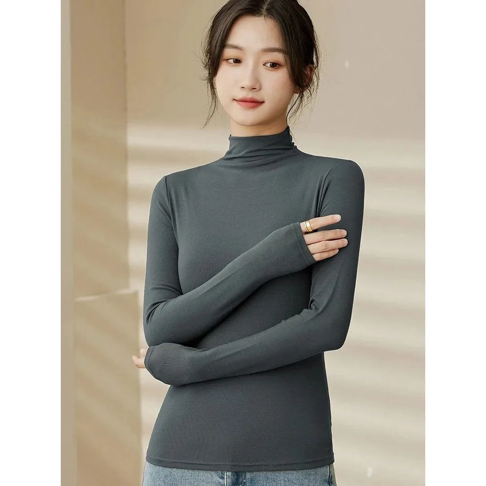 Csa de Manga Larga con Cuello Alto para Mujer, Modal, Otoño Invierno, Moda Casual, Ajuste Cómodo, Estilo E