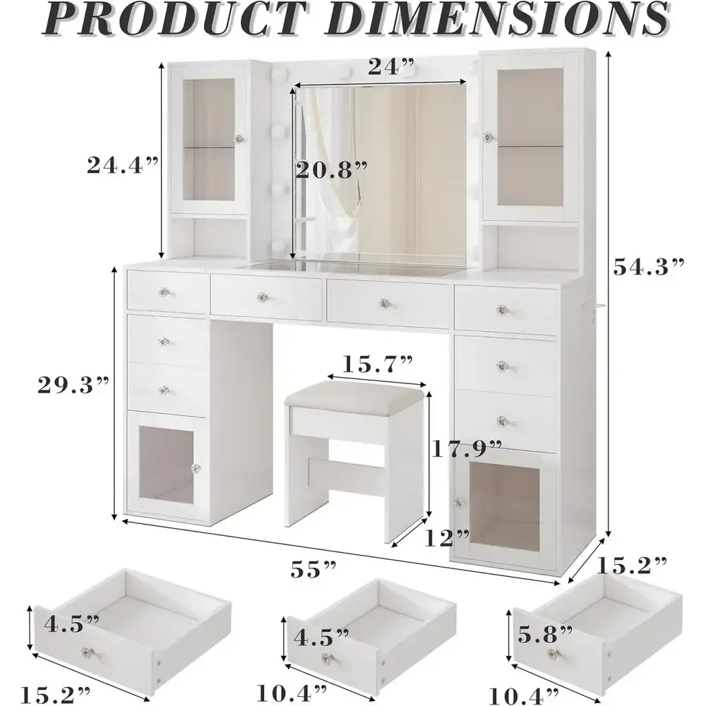 55 White LED Vanity Desk with Mirror, Lights, Drawers, Glass Cabinet, Stool for Makeup & Bedroom