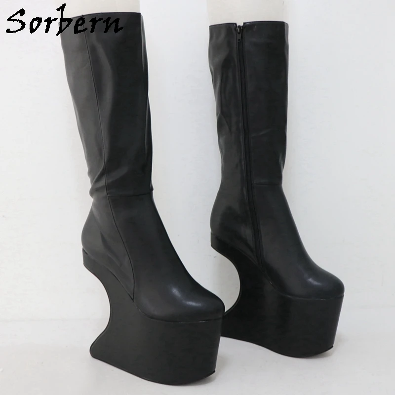 Sorbern รองเท้าบูทยาวถึงเข่าสีดำด้านสำหรับแดร็กควีนส์แพลตฟอร์มที่ไร้ส้นวงกลมขนาดใหญ่สี Eu33-48กำหนดเอง