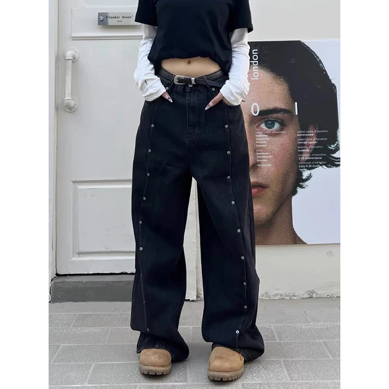 

ZHIZOU женские повседневные черные джинсы в стиле Харадзюку Y2K широкие мешковатые джинсовые брюки в стиле панк винтажные 2000-х годов эстетические эмо свободные потертые брюки