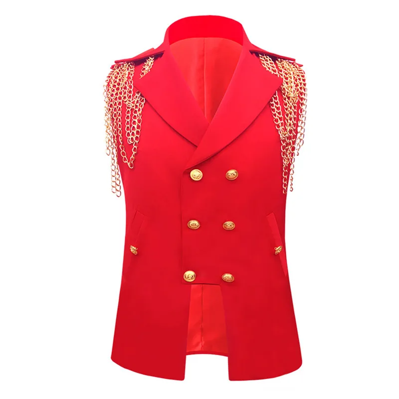 

Punk Style Men Metal Chains Waistcoat Red Black Double-breasted Slim Vest Rock Singer Group Stage Performance Party Fringe Vest