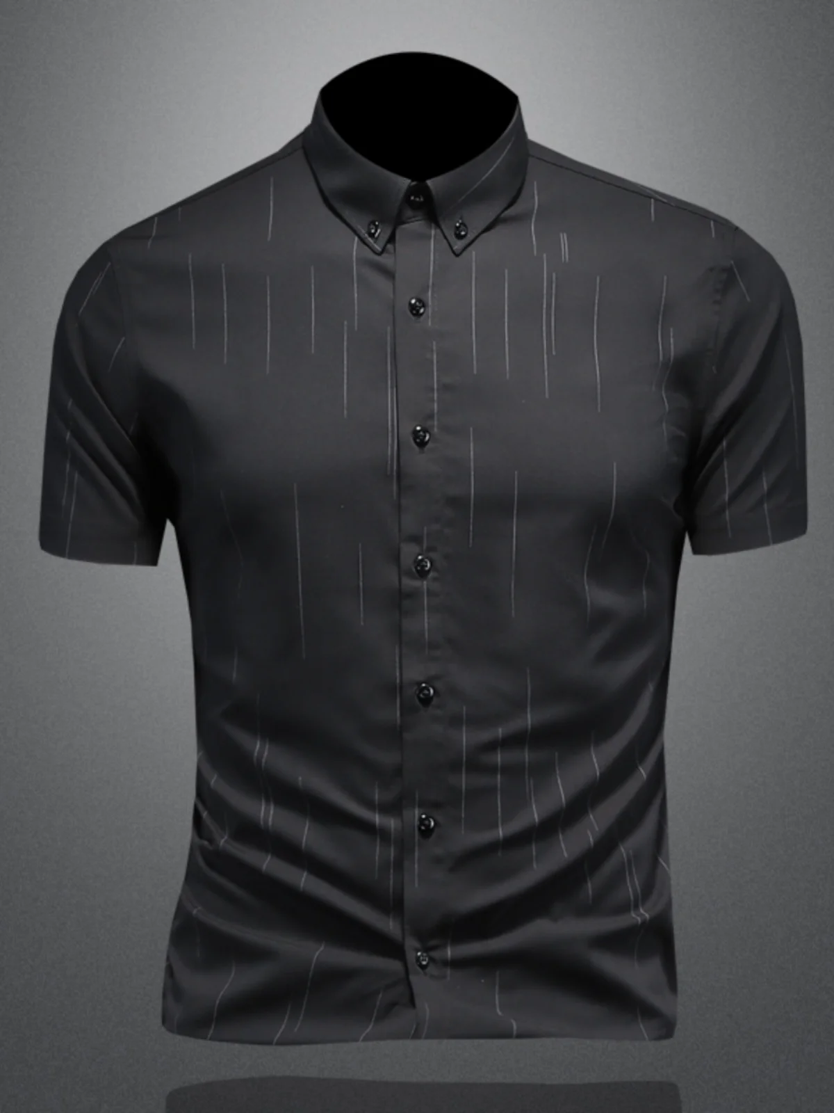 

Мужская летняя рубашка из ледяного шелка с коротким рукавом, тонкая, немнущаяся, приталенная, в полоску, дышащая, из полиэстера, для повседневного и делового стиля