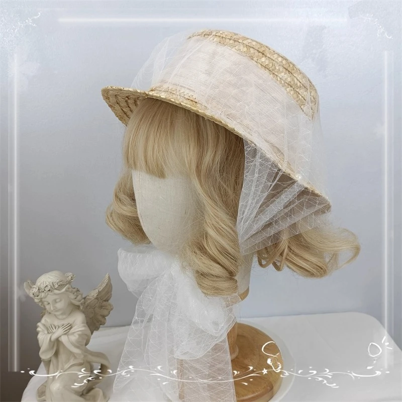 

Elegant Lolita Mesh Straw Hat with A Girlish Feel for Beach Photography and Outings. Grass Woven Soft Girl with Brimmed Sun Hat