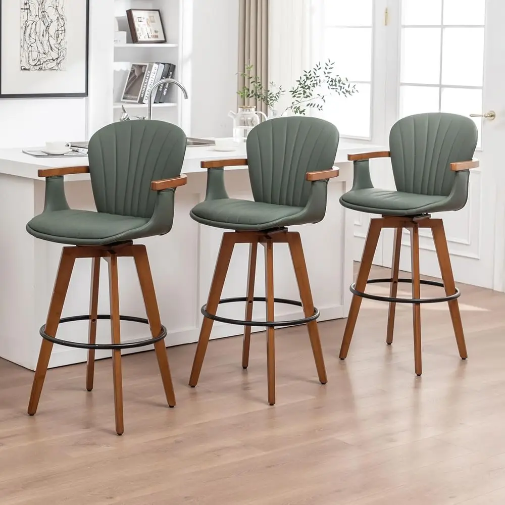 

Set of 3 Green PU Leather Swivel Bar Stools with Back and Arms for Kitchen Island or Home Bar