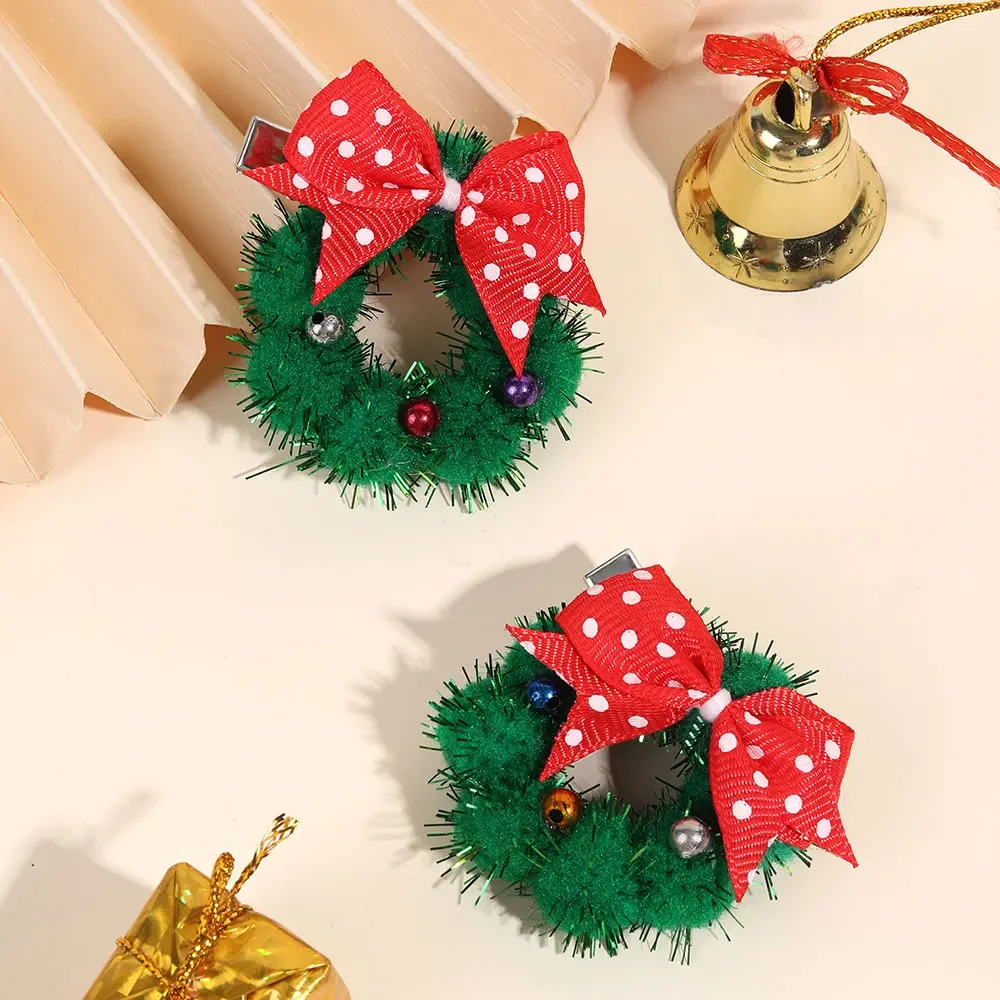 2Pcs Christmas Garland Hair Clips Kids Santa Claus Hairpin Boutique Ribbon Bowknot Hairgrip Headwear Children New Year Gifts