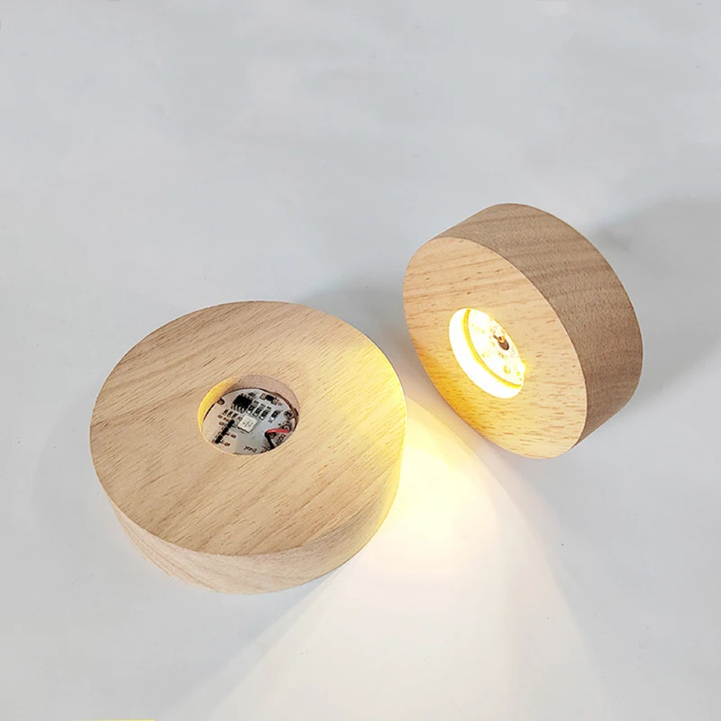 3D Crystal Glass Resin Balls Wooden Display Stand Holder Round 8cm 10cm Warm Cold Light Led Base Operated by AAA Batteries