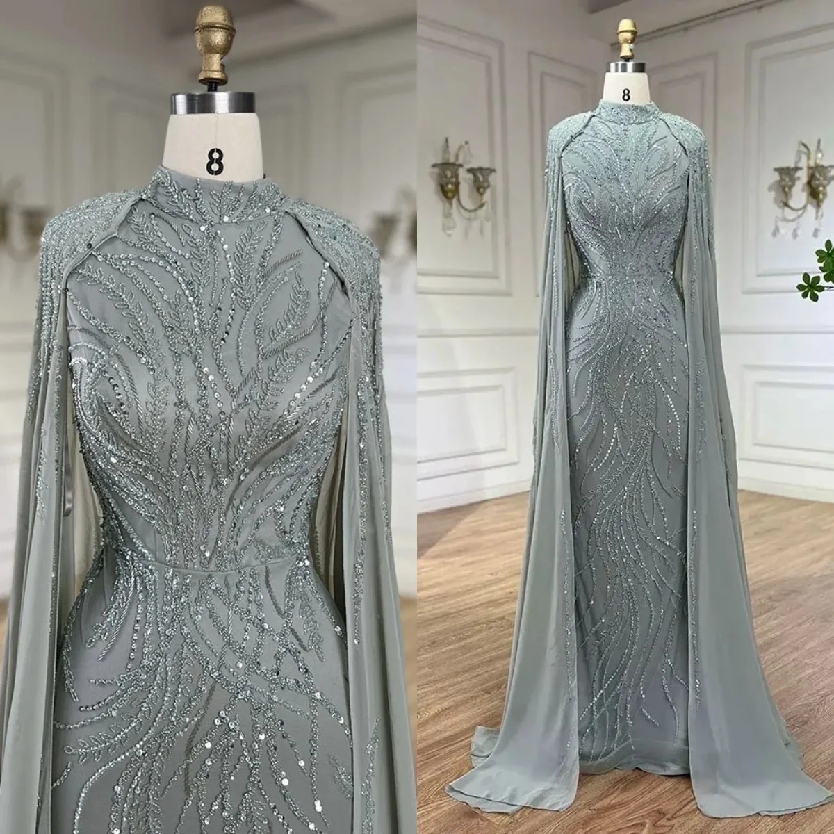 

Elegant Bride Dresses For Women High Neck With Cape Mermaid Evening Dresses Floor Length Beaded Formal Party Customized