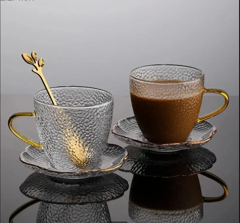 

150ml Espresso Cup Transparent Glass Coffee and with Spoon Gold Handle Decorative Mug Tea