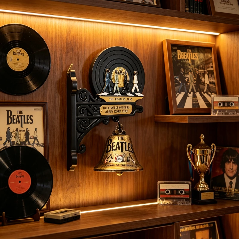 The Beatles Vintage Wall Bell, Abbey Road Zebra Crossing Figure & Vinyl Record Design Rock Band Wall Mount Decor Ornament