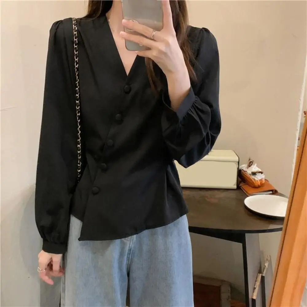 

Рубашки с длинными рукавами и v-образным вырезом в корейском стиле, облегающая блузка на пуговицах с завязкой на талии, осень-весна, нерегулярная офисная рубашка с пышными рукавами