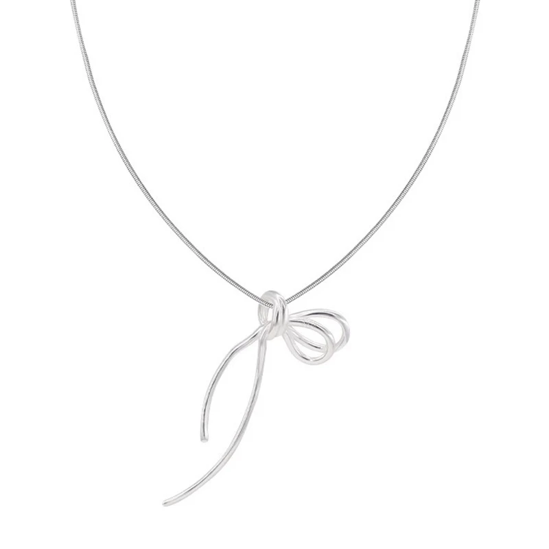 925 Sterling Silver Bowtie Ribbon Pendant Necklace Cute Simple Geometric Chain Necklace For Women Girl Jewelry Gift