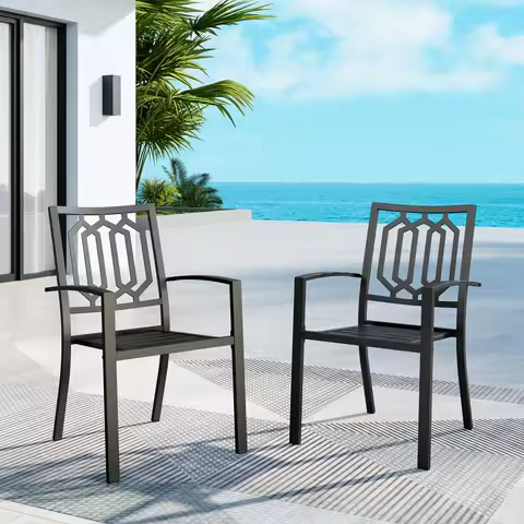 Outdoor Dining Chairs Set of 2, Metal Patio Chairs for Deck Bistro Porch Lawn, Black Wrought Iron Stackable Patio Furniture Chai