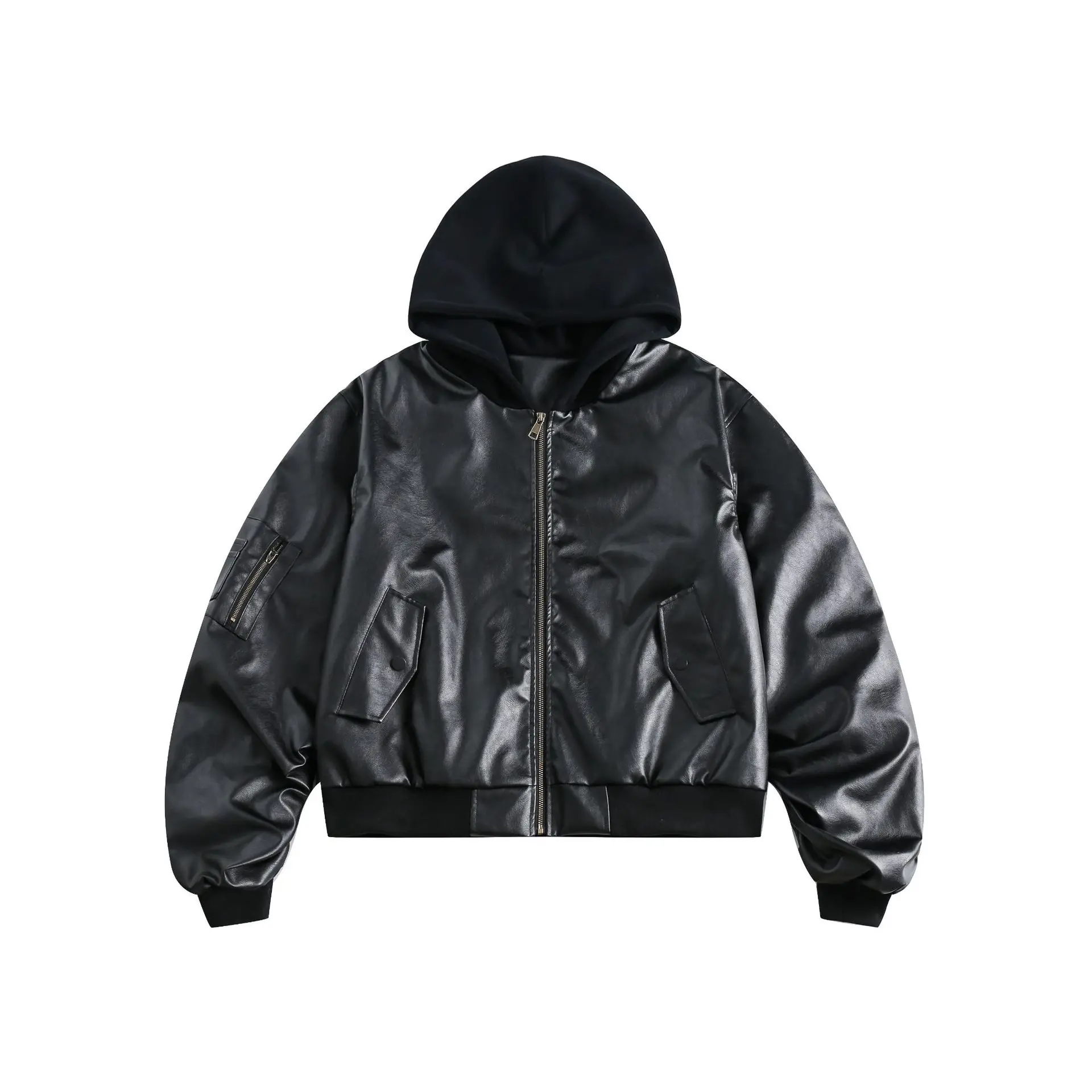Autumn Winter Oversized Cool Black Thickened Warm Pu Leather Bomber Jacket Men Hood Luxury Clothes