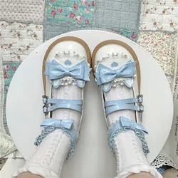 Lisapie Blue Lolita Shoes Sweet Bow Buckle Strap Cosplay Shoes Woman Solid Color Patchwork Lace Flat platform Mary Jane Shoes