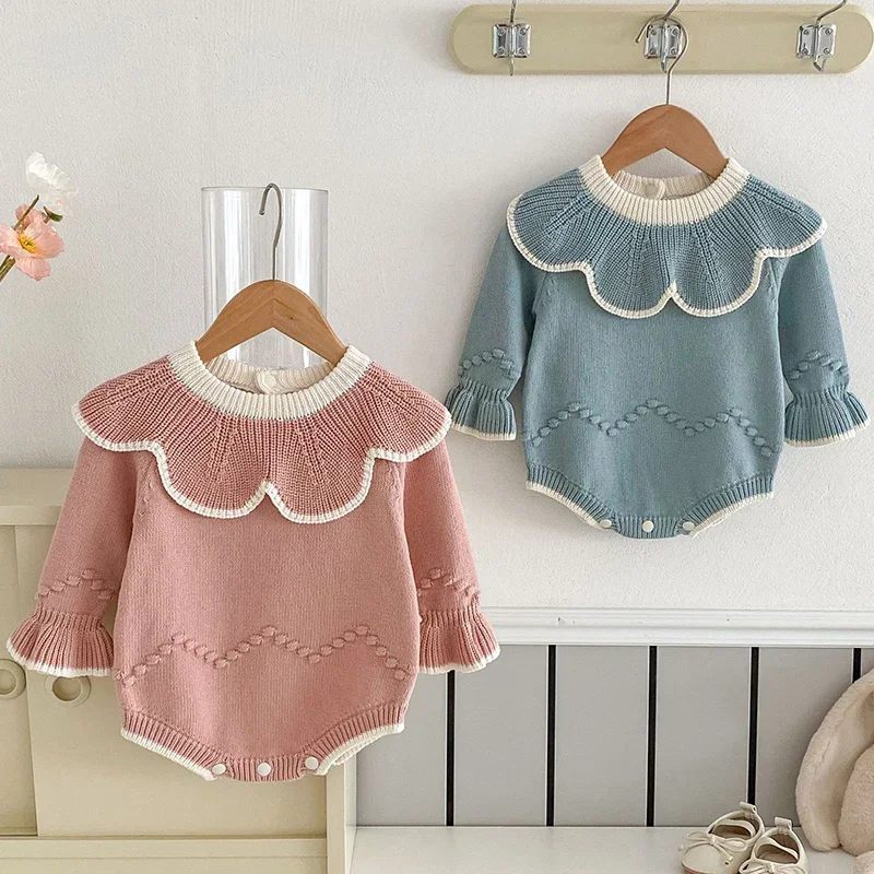 

2024 New Autumn Children Knitted Clothes Infant Baby Girls Knitted Jumpsuit Ruffled Collar Splicing Newborn Baby Girls Bodysuits