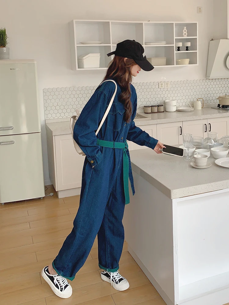 カラーブロワークウェアデニムジャンプスーツレディース春秋ルーズカジュアルファッショナブル年齢軽減ワイドレッグパンツ