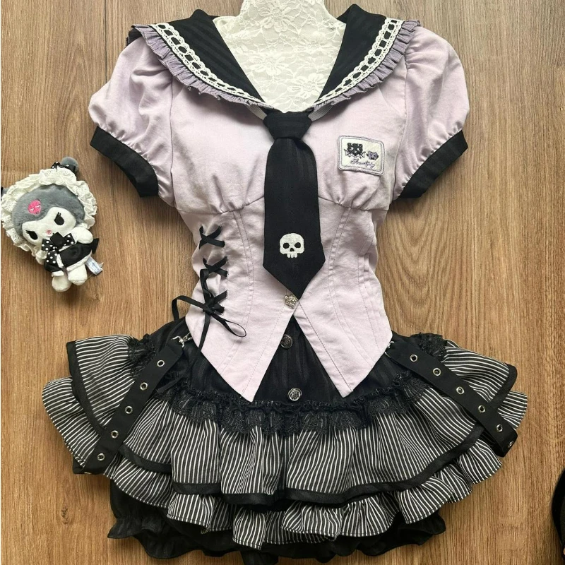 

Japanese-style Women's Sweet And Cute Sailor Collar Shirt Gothic Y2k Lolita Striped Cake Mini Puffy Skirt School Uniform Set