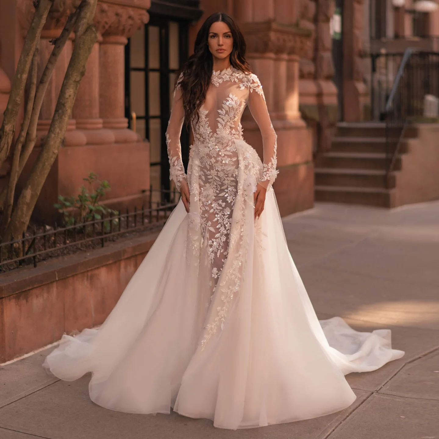 

Sharon Said 2025 Luxury High Neck Long Sleeve Off White Wedding Dress With Detachable Overskirt Sexy Bride Gown SW149 Customized
