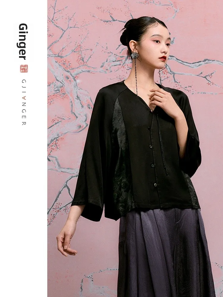 

Новая женская блузка в китайском стиле с V-образным вырезом, в стиле колор-блок, в национальном стиле, свободного кроя, с рукавом 3/4, стандартной длины