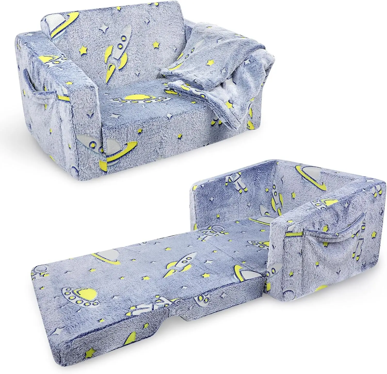 

Kids Couch, 2-In-1 Toddler Couch Sofa With Blanket, Comfy Toddler Chair For Boys Girls, Convertible Sofa Bed To Lounger, Glow