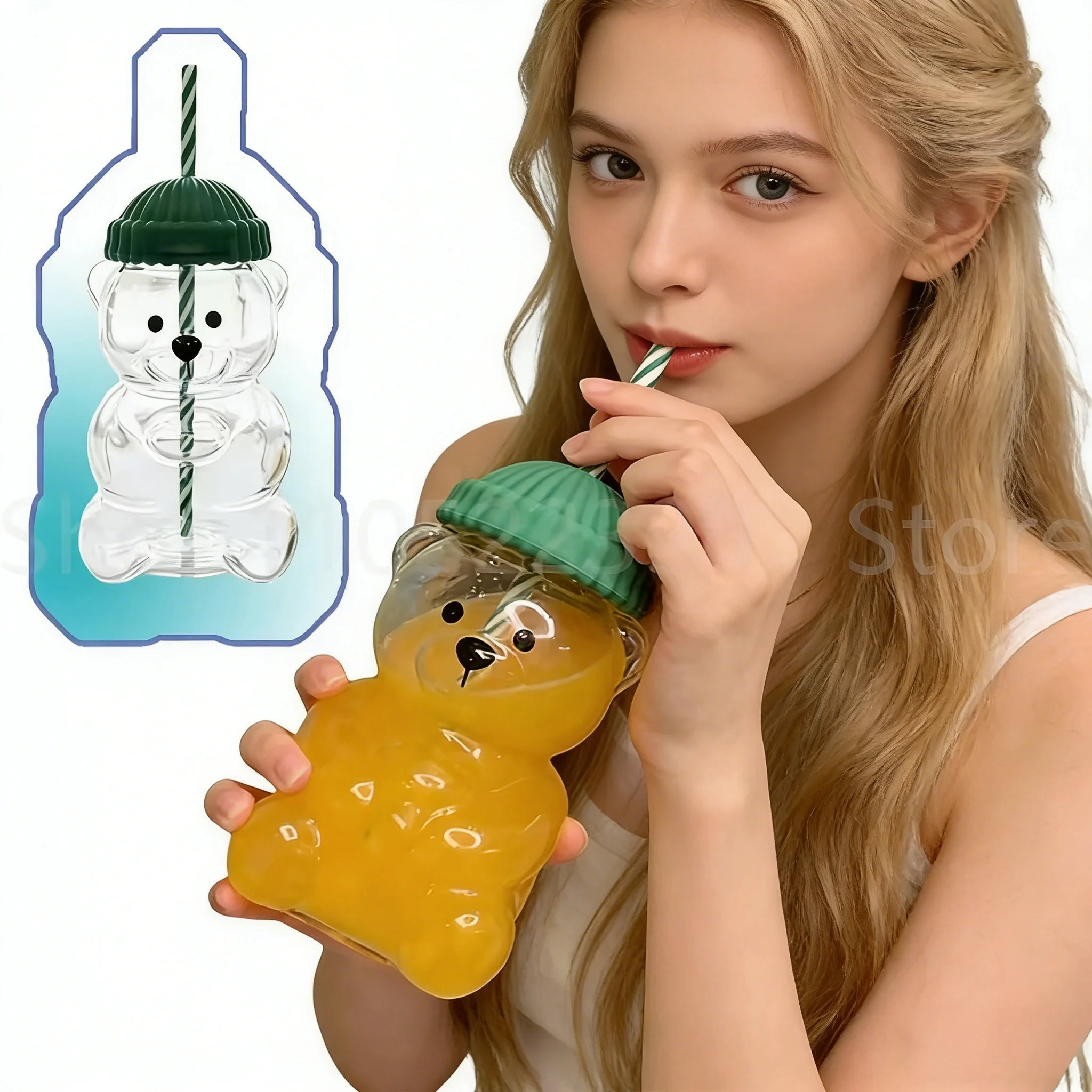 Vaso de Vidrio con Forma de Oso Adorable con Pajita y Tapa Tejida Verde - Vaso Kawaii para Café Helado, Smoothie, Agua - Vajilla Estética