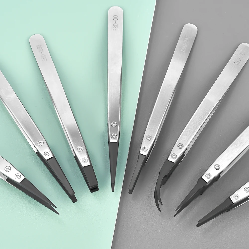 1Pc Anti-Static High Quality ESD Tweezers Replaceable Tweezers Tips Stainless Steel Body Carbon Fiber Conductive Plastic Tweezer