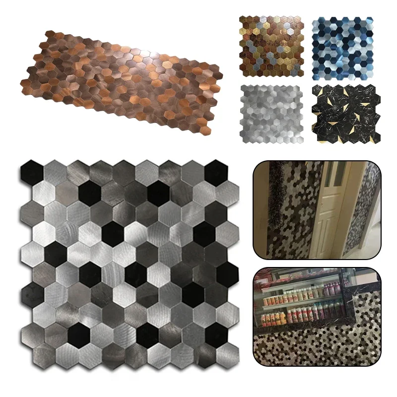 

Peel and Stick Backsplash Hexagon 3D Wall Tile for Kitchen Bathroom Living Room Self Adhesive Aluminum Metal Mosaic Sticker