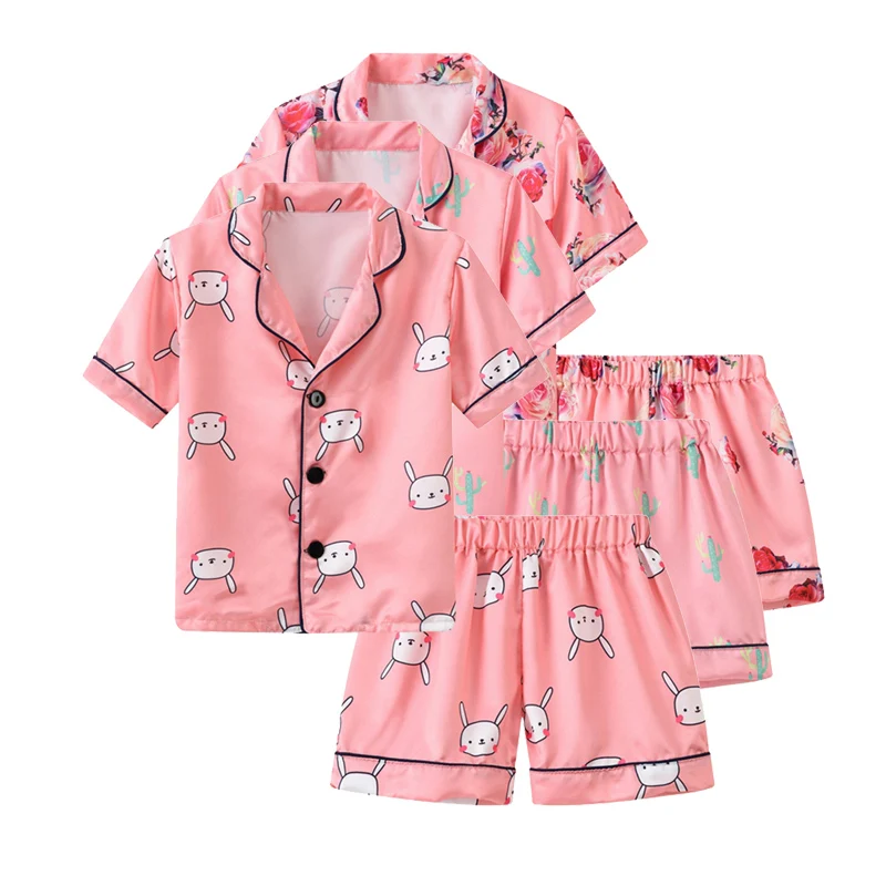 Kids Boys Girls Pajamas Child Sleepwear Faux Silk Satin Top Pant Short Sleeve Pattern Button-Down Pyjamas Set Nightgown