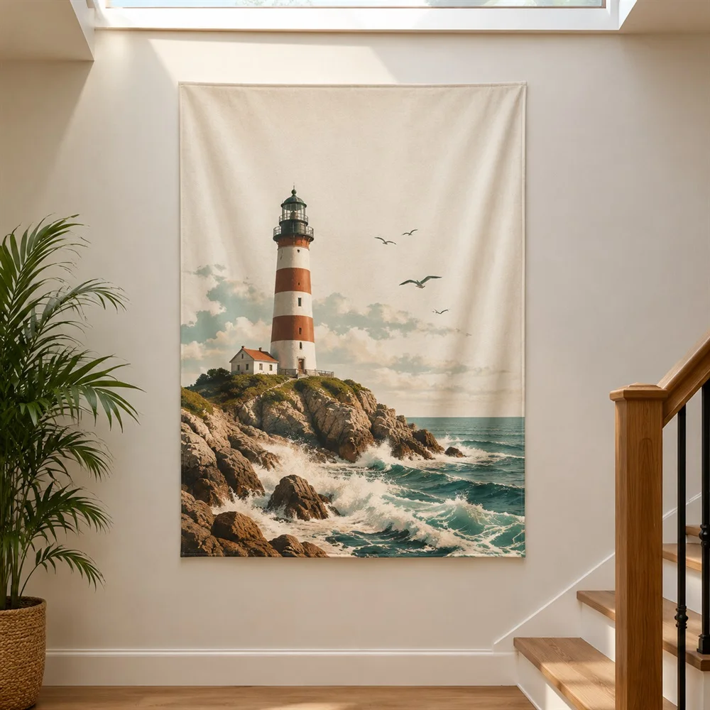 VIKAMA Lighthouse Coast Tapestry Wall Hanging, Coastal Scene Wall Art, Nautical Decor for Bedroom Living Room Bathroom Entryway