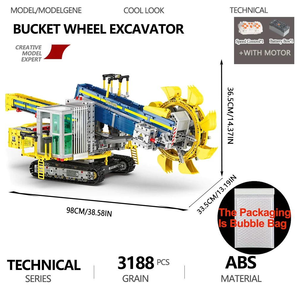 Excavadora con rueda de cubo, bloques de construcción, unidad de potencia, ingeniería, ciudad, excavadora, modelo de ladrillos, montaje de regalos de cumpleaños, juguetes para chico