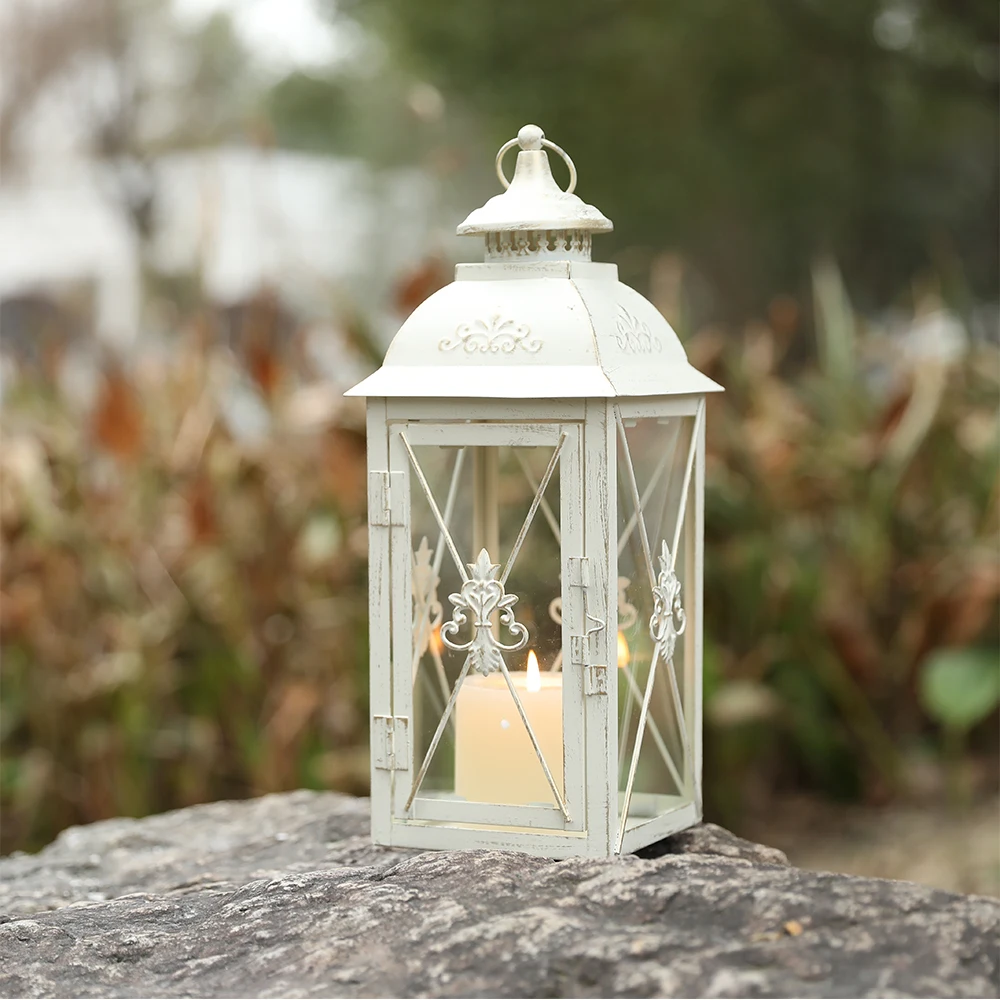 Vintage Metal Candle Holder Lantern Hanging Lantern White Lanterns with Glass for Living Room Garden Patio Parties Home Decor