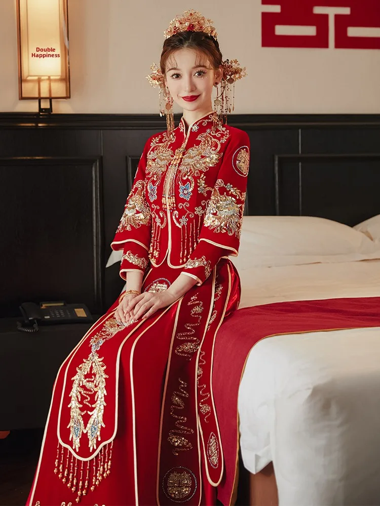 

New 2025 Chinese Sle Wedding Dr XiuHui Wedding Gown orter Size Dragon And Phoenix Coat for Brides Vintage Design Long ...