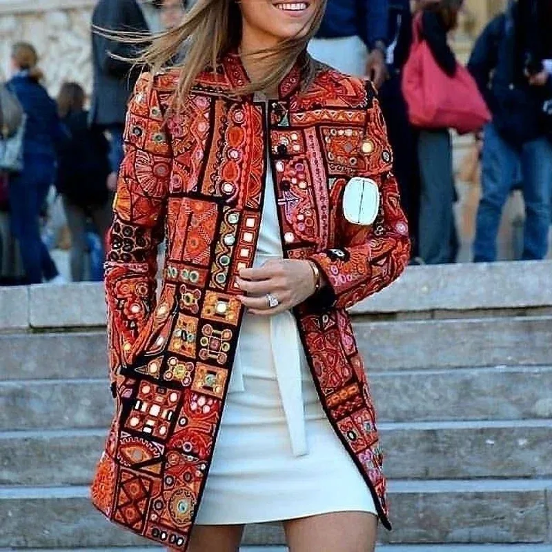 Cardigan allentato casual da donna nuovo stile moda primavera autunno stampa floreale etnica cappotto sottile giacca retrò giacca a vento di colore