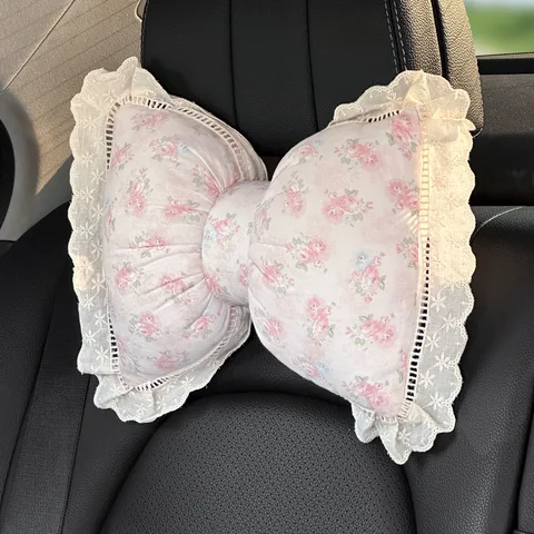Новая подушка для подголовника автомобиля с бантом, милое автокресло, поддержка головы, защитная подушка для шеи, плюшевая автомобильная подушка для поясничного отдыха, автомобильные комплекты