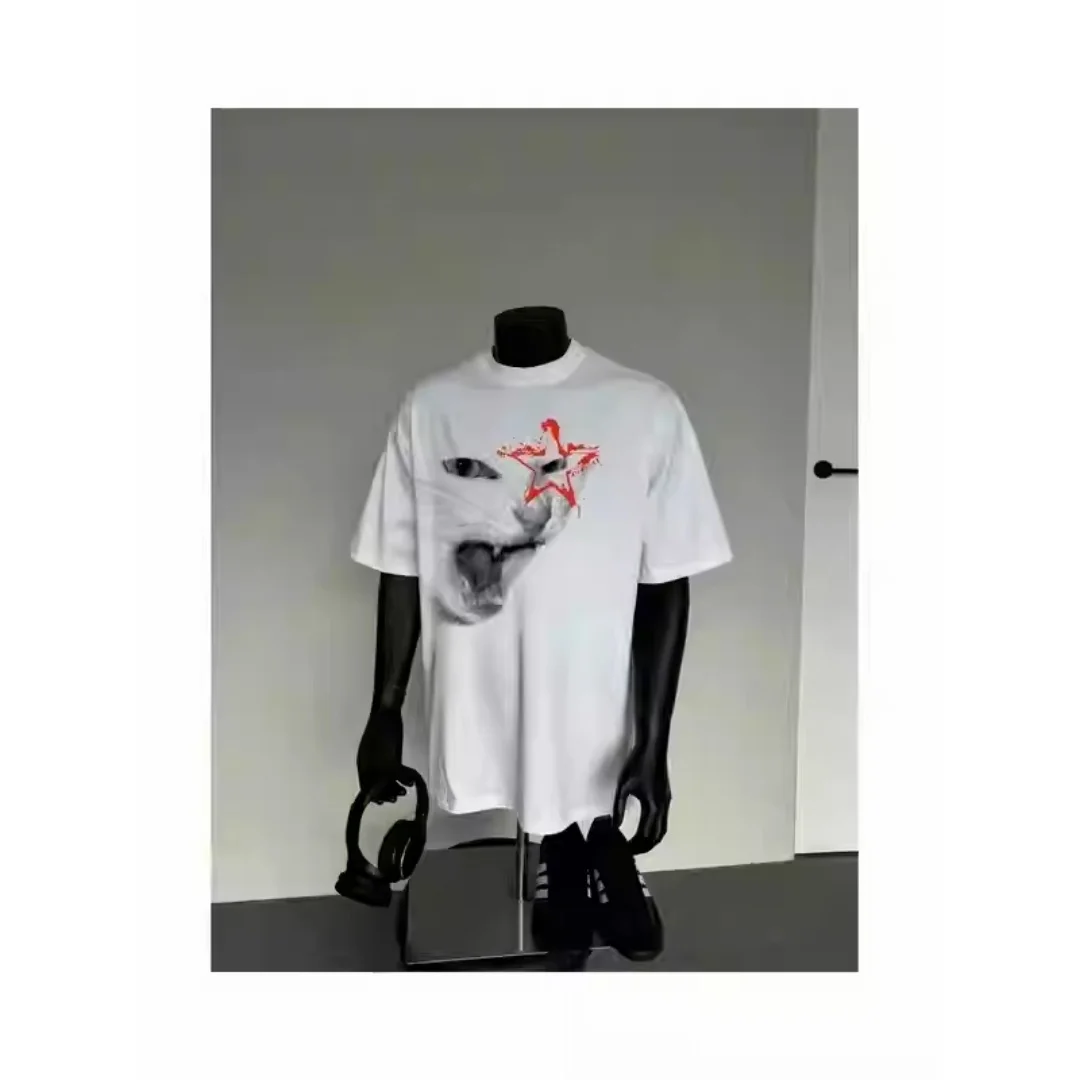 Модная футболка с короткими рукавами из чистого хлопка с забавным принтом в стиле рок-кота, романтическая панк-панк World-Weary, мужская и женская футболка Y2k