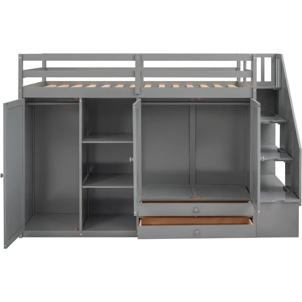 

Solid Wood Twin Loft Bed with Staircase, Storage Drawers, Shelves, and Wardrobe - No Box Spring Needed