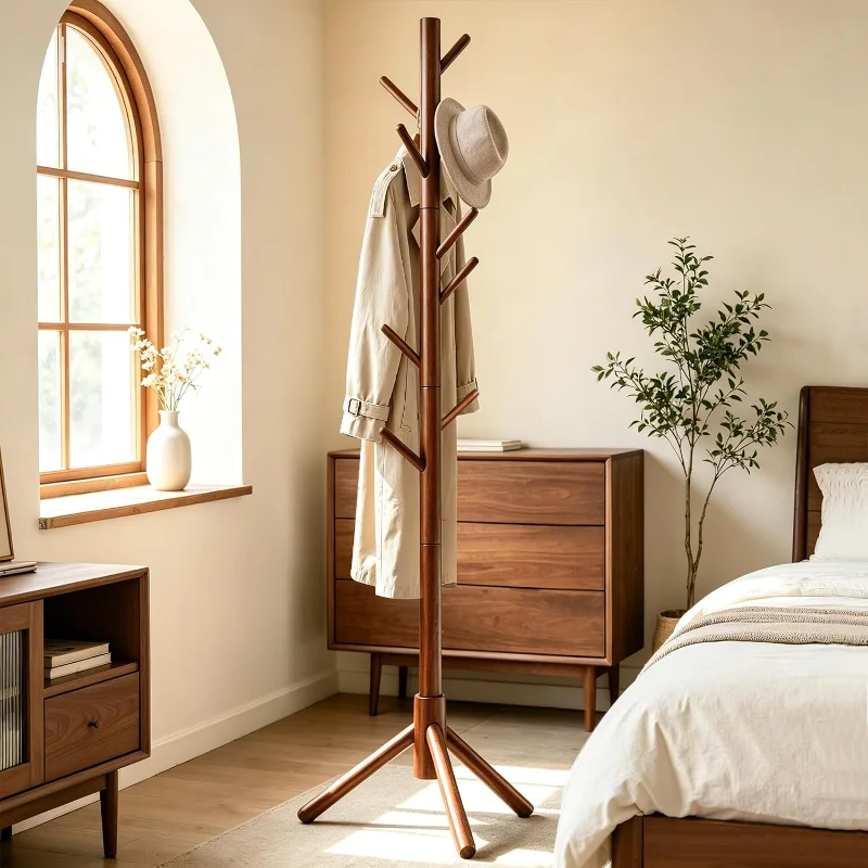 Wooden Coat Rack Freestanding with 8 Hooks Space-Saving Design for Bedroom Office Entrance Holds Hats Coats Scarves Bags