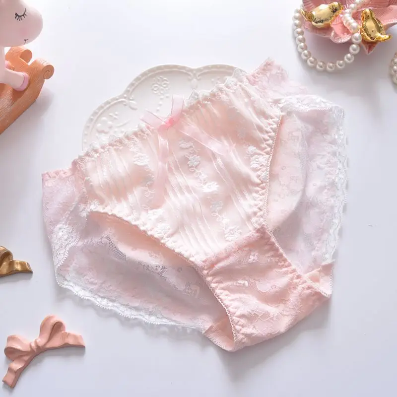 Women Cotton Mesh Sexy Lace Cute Lovely Sweety Princess Lolita Bow Ruffles Panties Elasticity Middle Waist Transparent Underwear